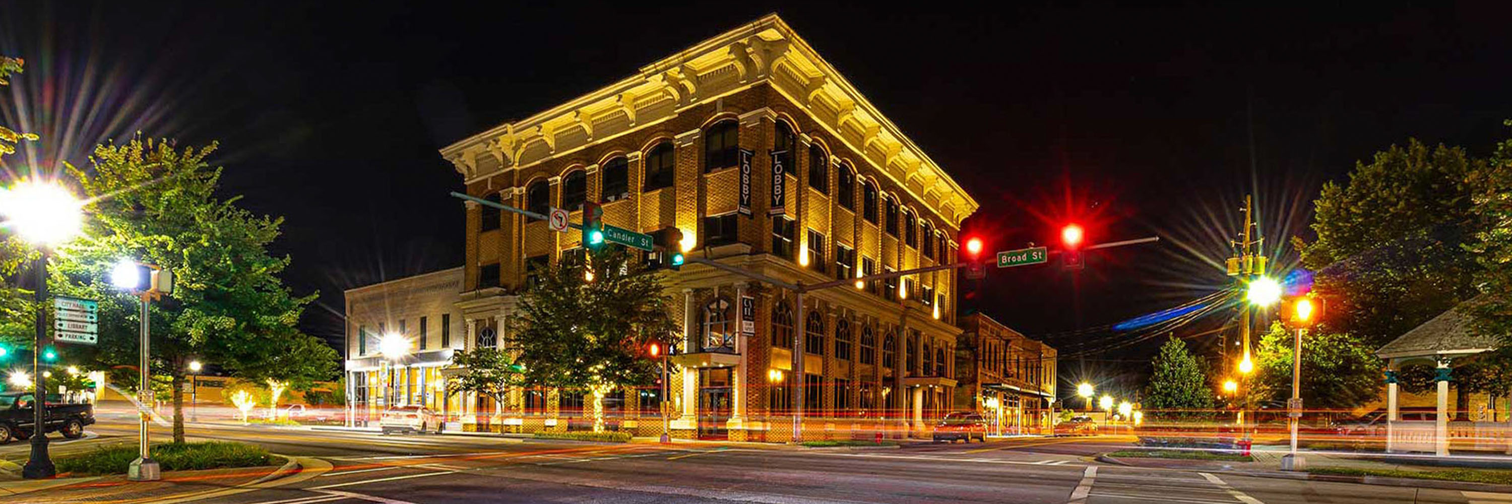 The Lobby building in downtown Winder at night